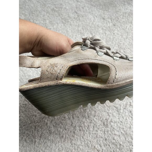 Fly London Flfa Womens Tan Leather lace Up Wedge Peep Toe Sandals size 9 Boho - Picture 5 of 8